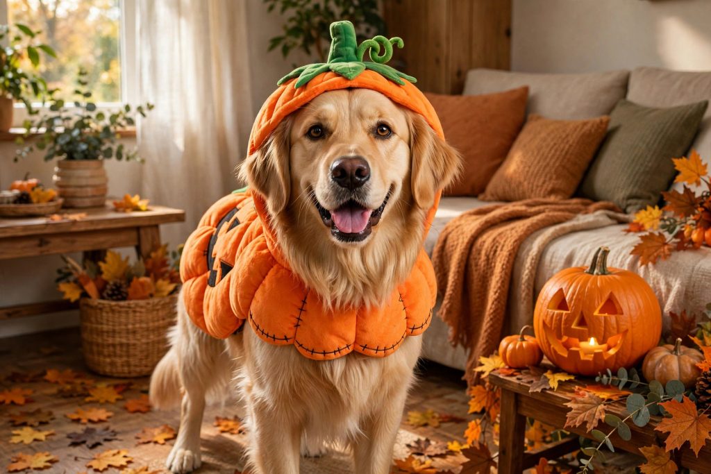 Golden retriever dog wearing a pumpkin Halloween costume, one of the best dog Halloween costumes for 2026