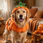 Golden retriever dog wearing a pumpkin Halloween costume, one of the best dog Halloween costumes for 2026