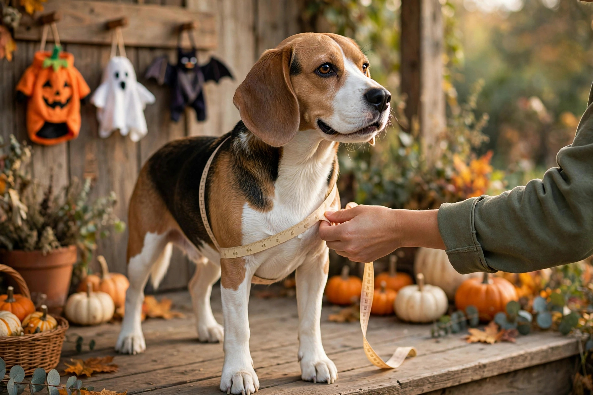 Owner measuring a beagle dog's chest girth with a soft tape measure before buying a Halloween costume
