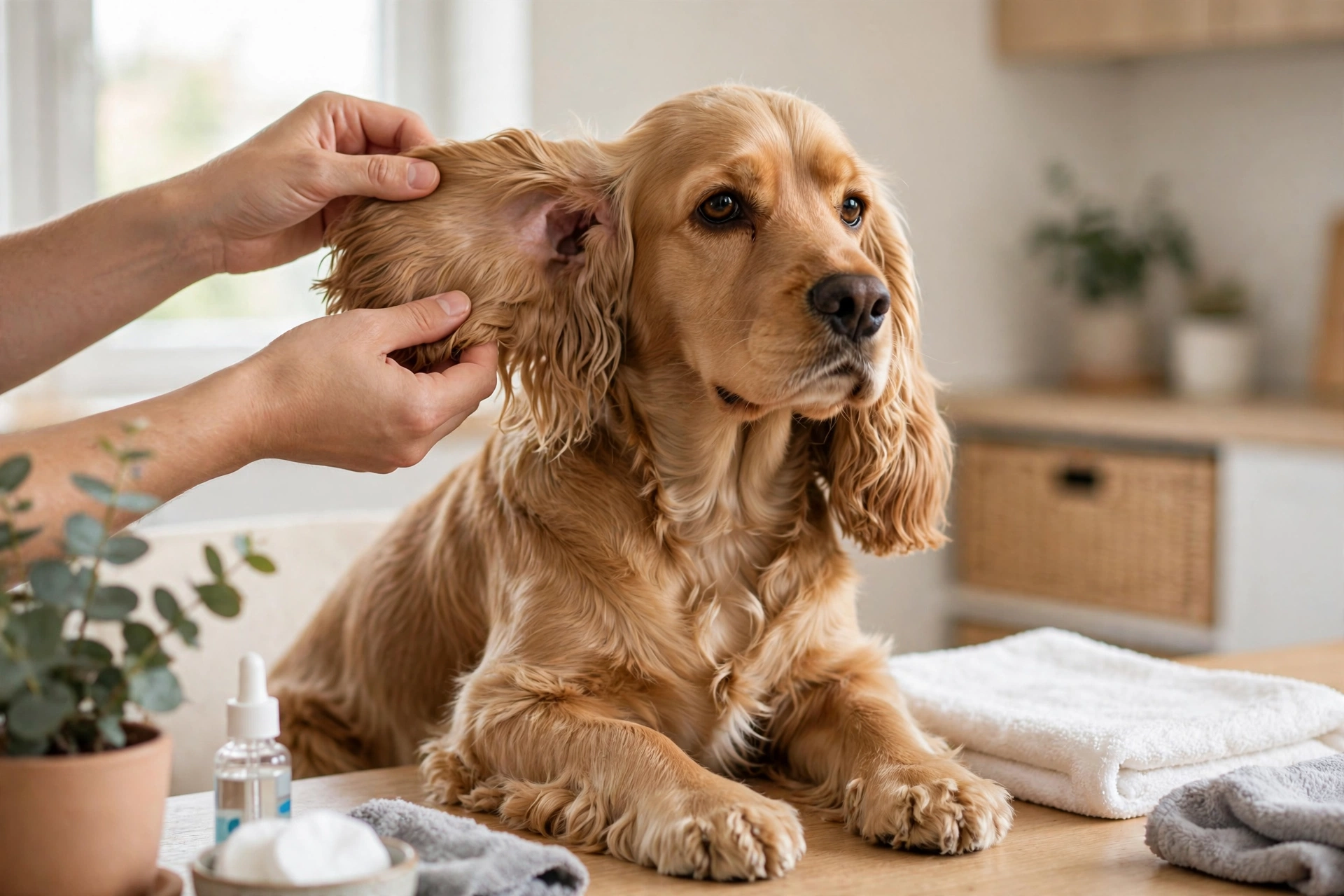 Owner gently checking a cocker spaniel's ear during a routine ear check