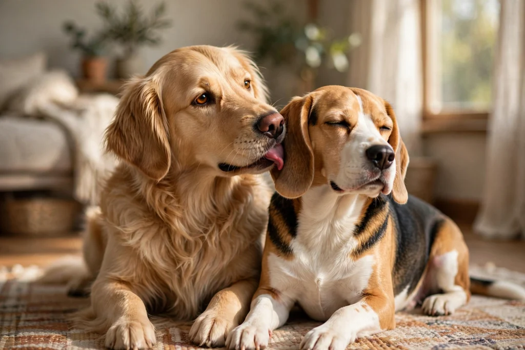 Golden retriever gently licking a beagle's ear while both dogs relax on a rug