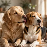 Golden retriever gently licking a beagle's ear while both dogs relax on a rug