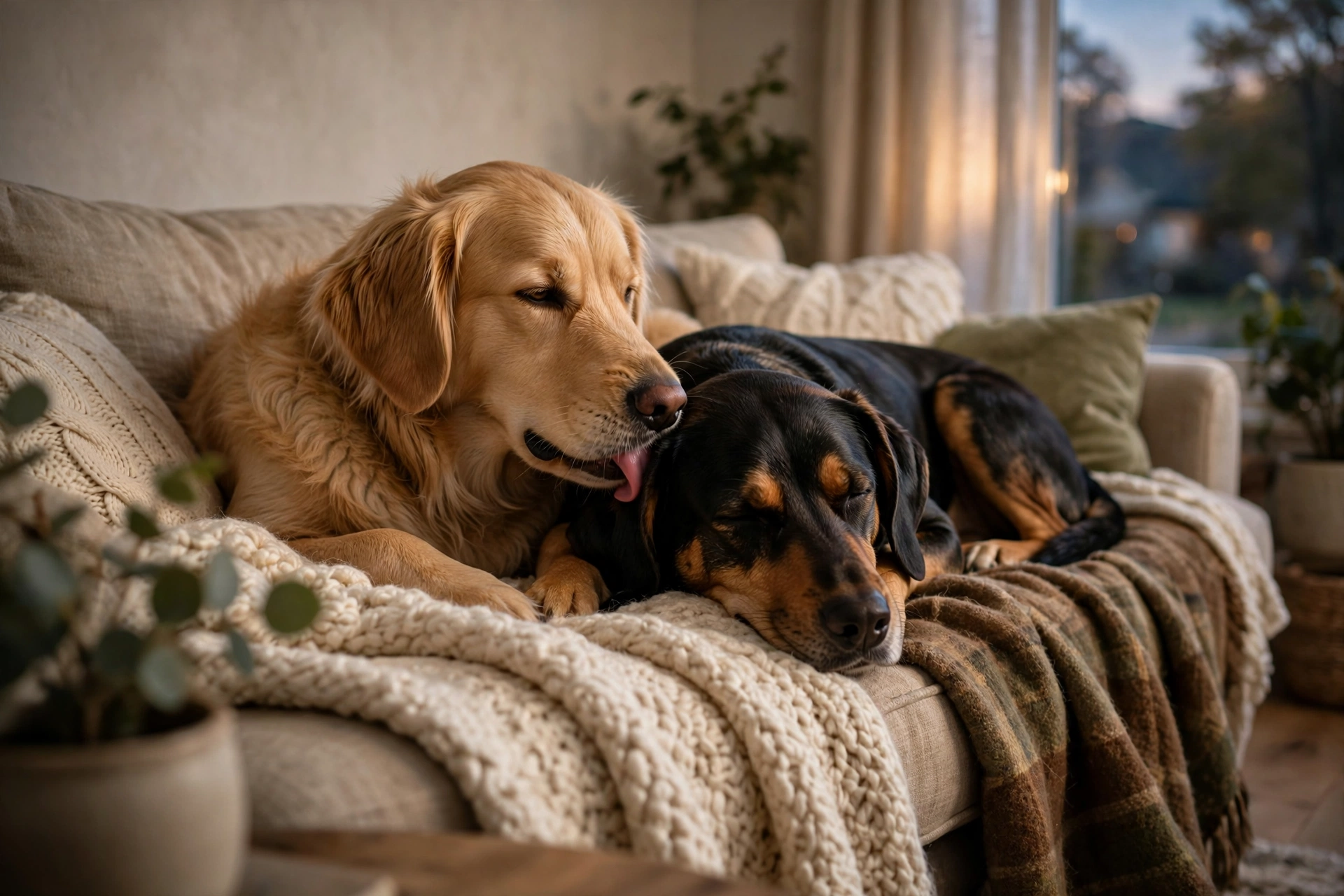 Two bonded dogs grooming each other on a sofa at home