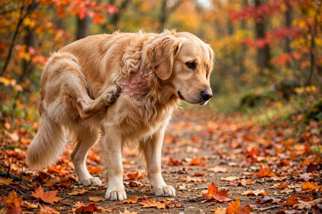 Golden retriever scratching an itchy red rash on its chest while standing on an autumn leaf-covered forest path