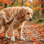 Golden retriever scratching an itchy red rash on its chest while standing on an autumn leaf-covered forest path