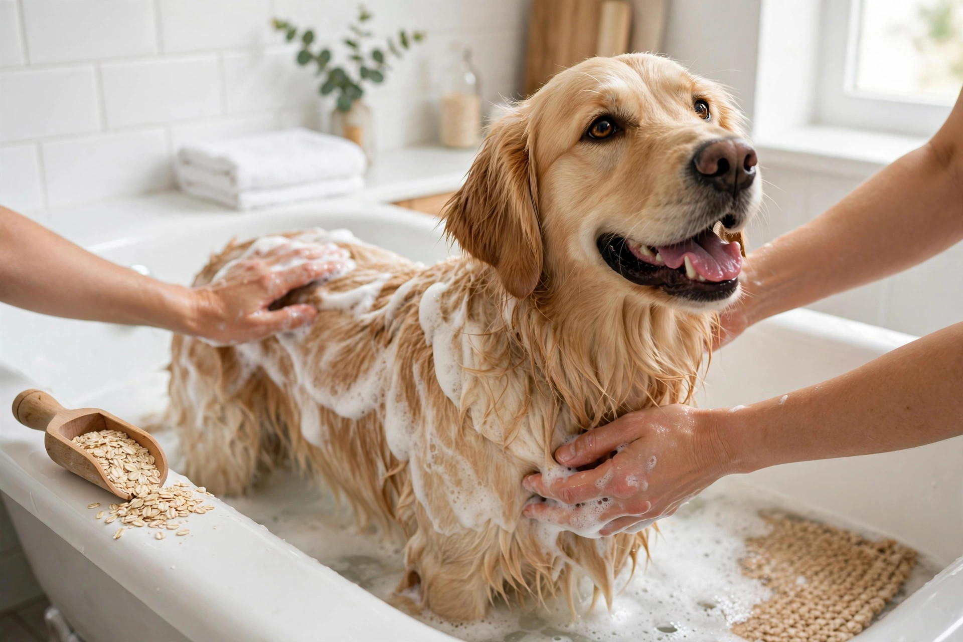 Golden retriever enjoying a soothing oatmeal shampoo bath to relieve fall allergy itching