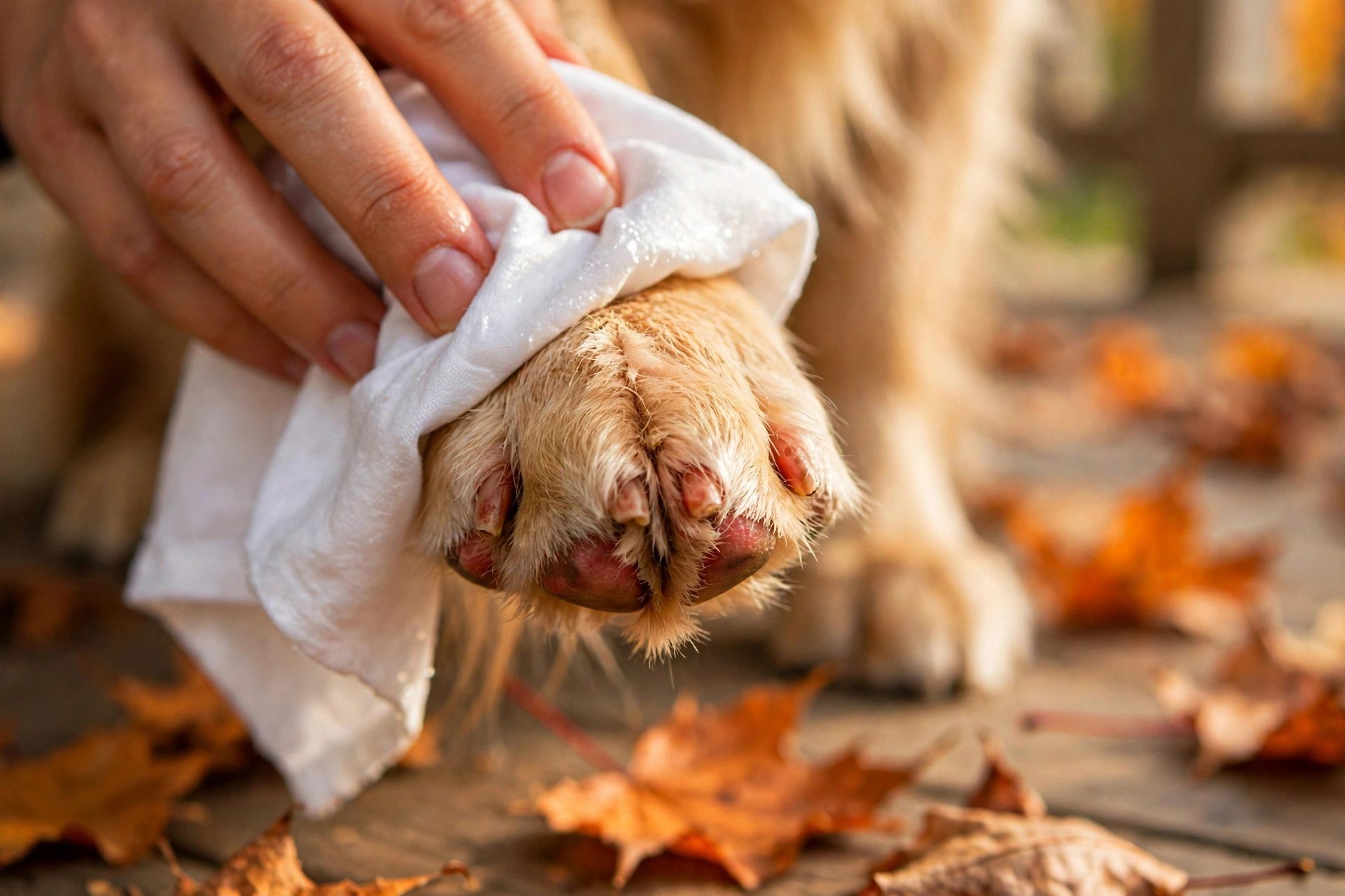 Owner wiping a golden retriever's red irritated paw with a damp cloth after an autumn walk