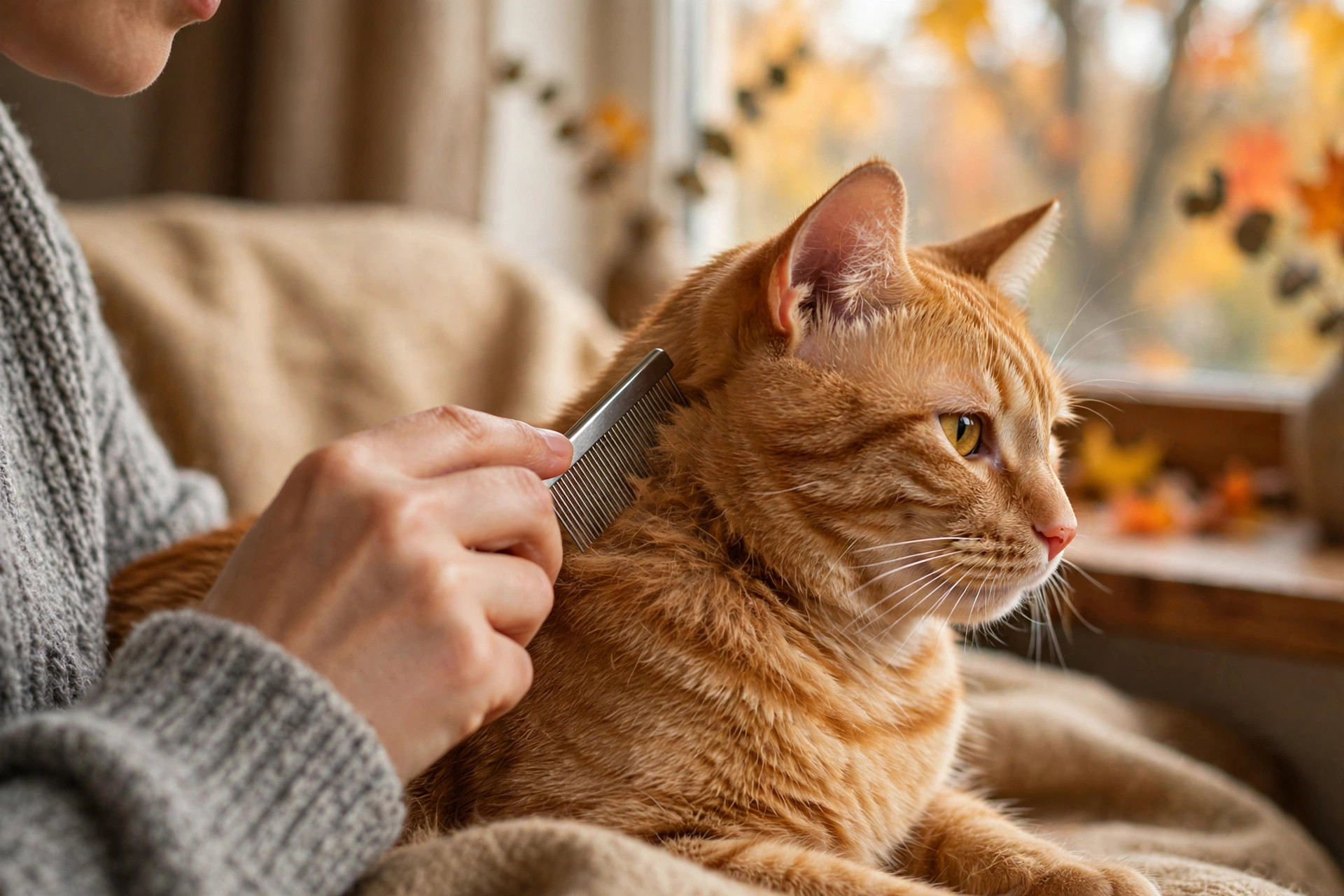 Owner brushing an orange tabby cat's coat at home to check for fleas and ticks during autumn