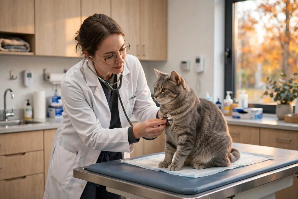 Veterinarian examining a gray tabby cat with a stethoscope during a fall pet wellness checkup