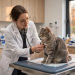 Veterinarian examining a gray tabby cat with a stethoscope during a fall pet wellness checkup