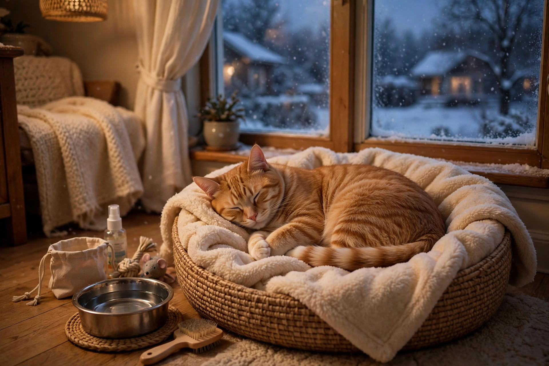 Cat sleeping in a warm cozy pet bed while winter preparations keep the home comfortable