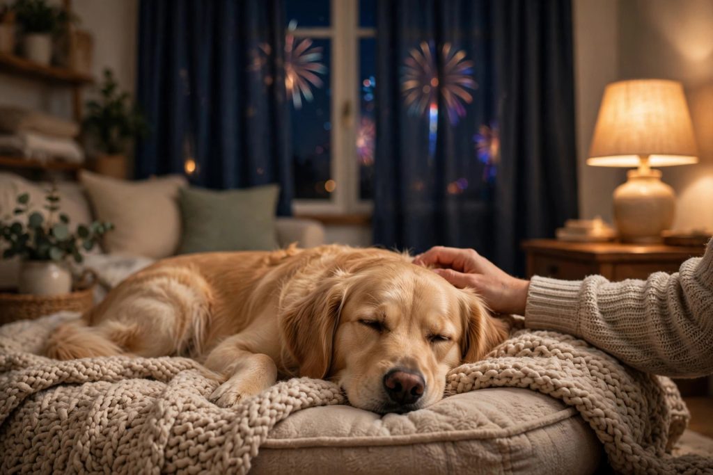 Calm golden retriever resting on a cozy dog bed while fireworks glow outside the window