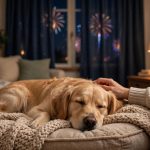 Calm golden retriever resting on a cozy dog bed while fireworks glow outside the window