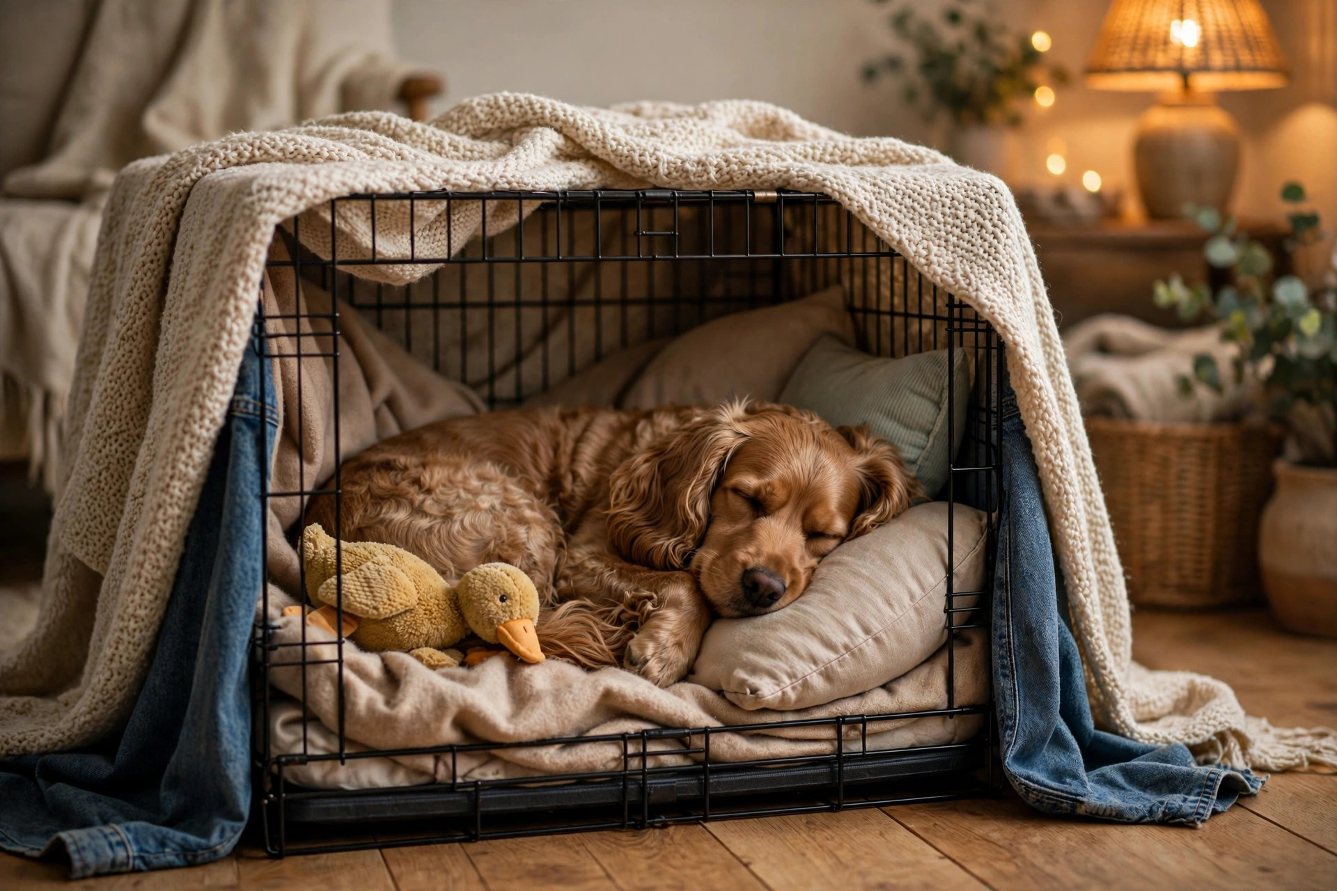 Dog sleeping peacefully inside a cozy blanket-covered crate den set up as a safe haven during fireworks