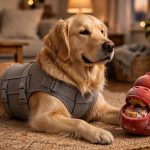 Calm golden retriever resting on a cozy dog bed while fireworks glow outside the window