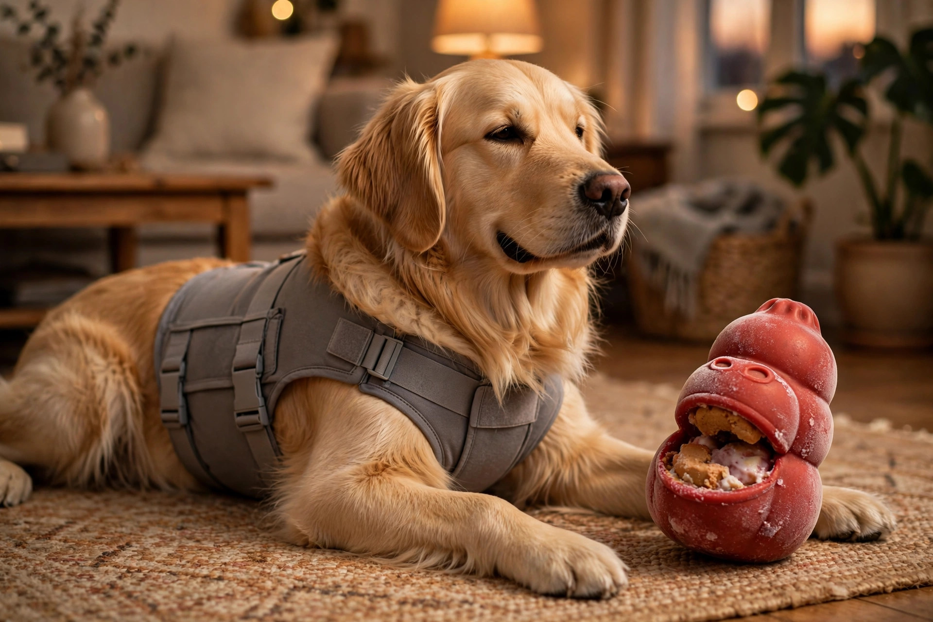 Golden retriever wearing a snug anxiety wrap vest lying beside a frozen stuffed Kong toy for calming enrichment