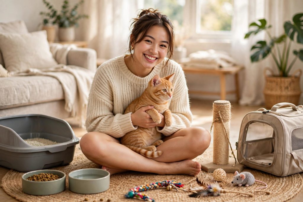 Happy first-time cat owner holding a new orange tabby kitten surrounded by new cat supplies
