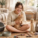 Happy first-time cat owner holding a new orange tabby kitten surrounded by new cat supplies