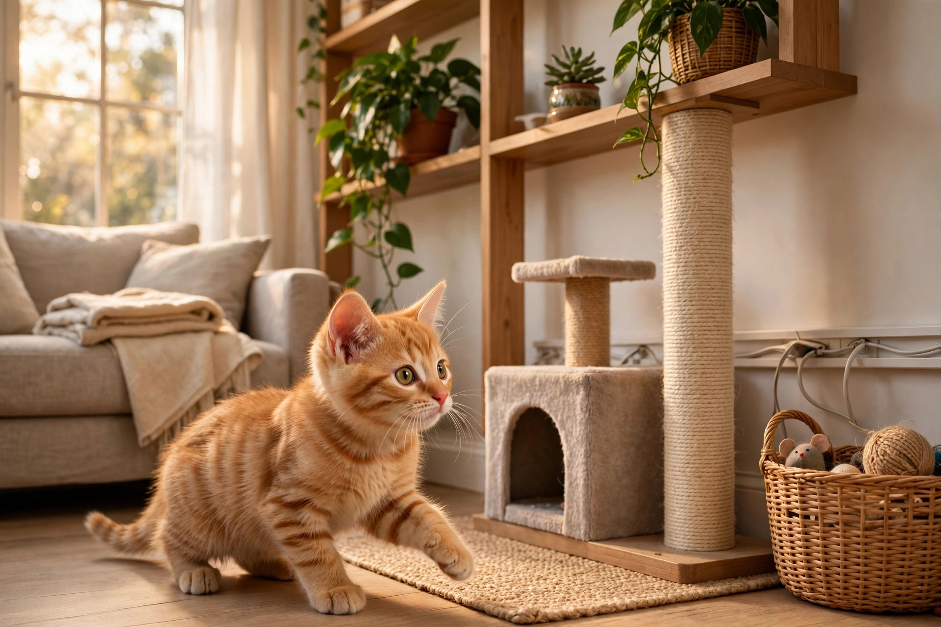 Curious ginger kitten exploring a kitten-proofed living room with tucked-away cords, a scratching post and a cat tree