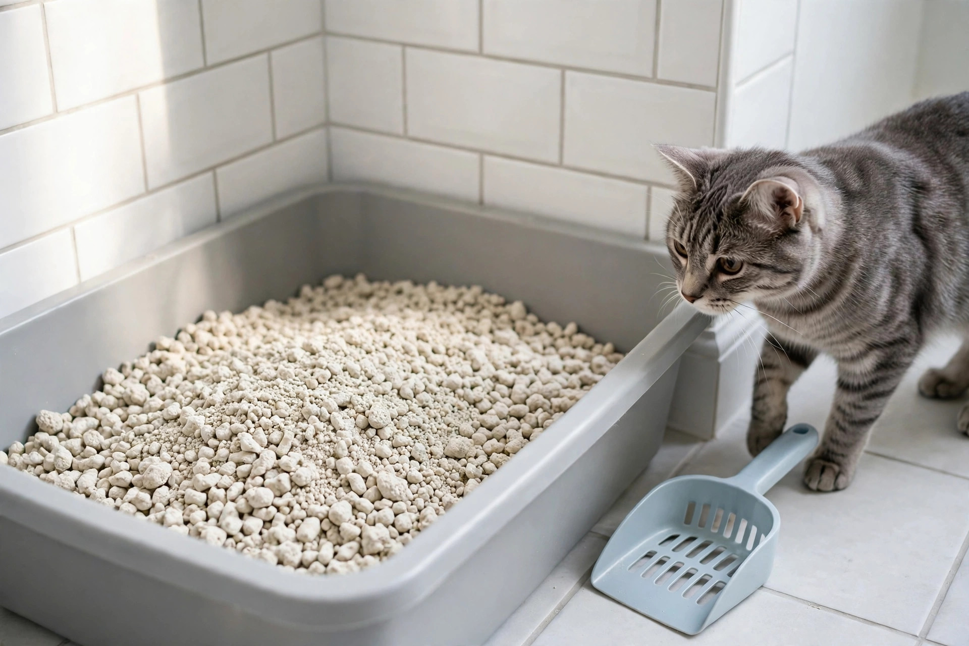 Gray tabby cat approaching a clean open-top litter box with fresh clumping litter and a scoop in a bright bathroom corner