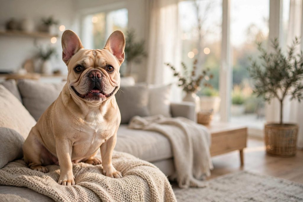 Cream French Bulldog sitting on a knitted throw on a couch in a bright living room, smiling at the camera