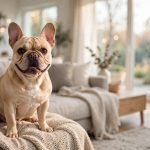 Cream French Bulldog sitting on a knitted throw on a couch in a bright living room, smiling at the camera