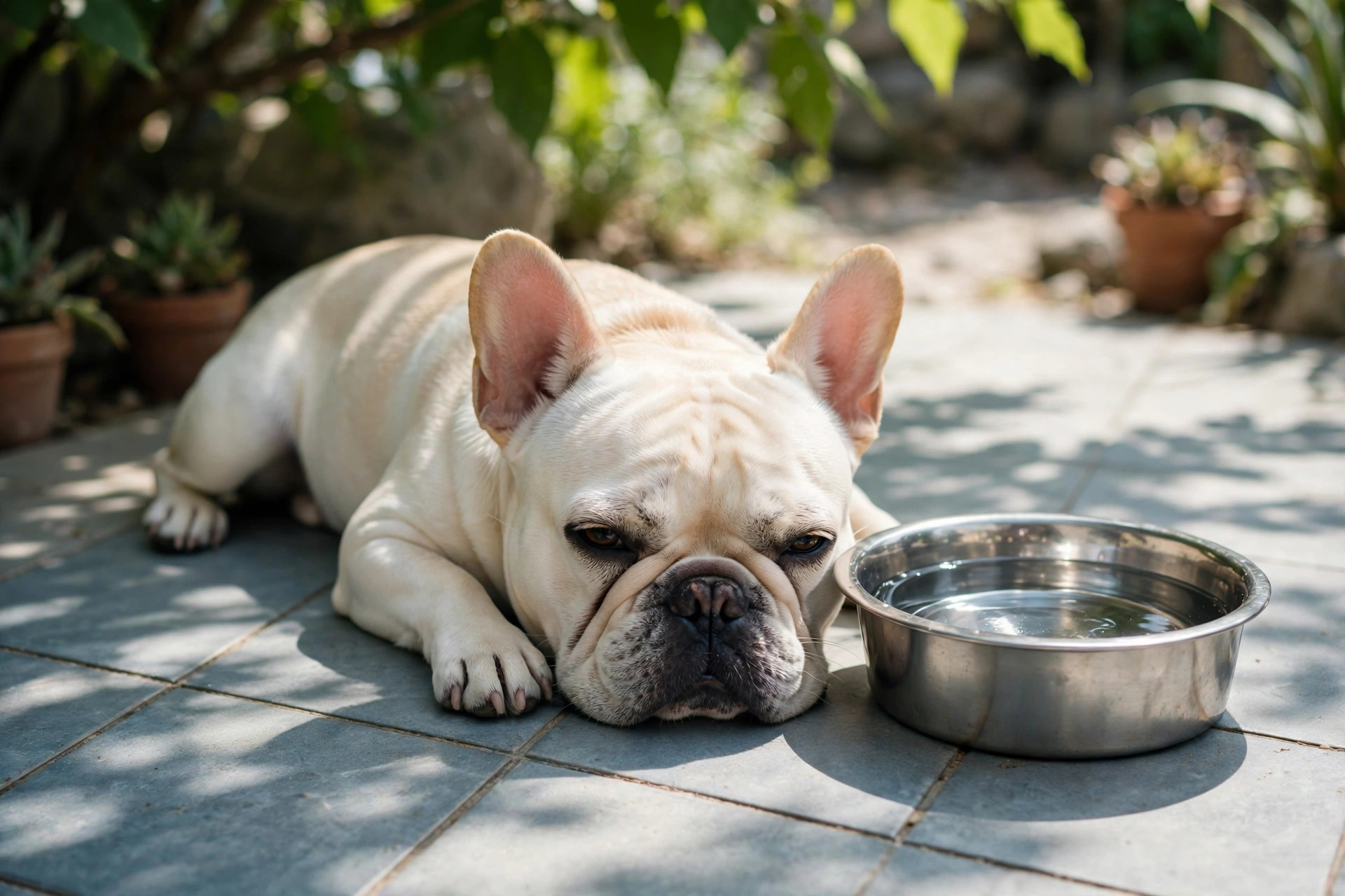 Cream French Bulldog resting in the shade on cool tiles with a water bowl on a hot summer day
