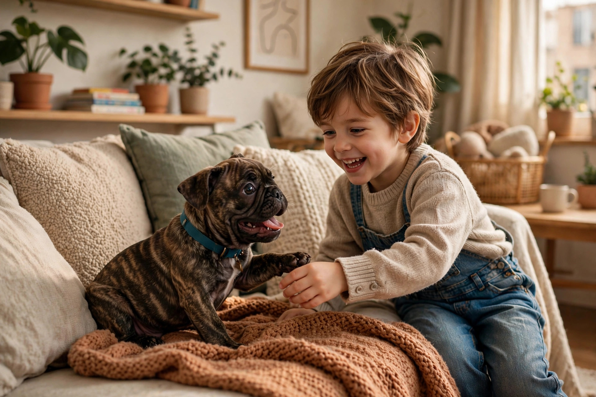 Brindle French Bulldog puppy playing with a child on an apartment couch