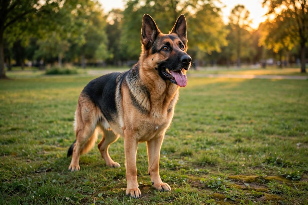 German Shepherd dog standing alert on a grassy lawn with upright ears
