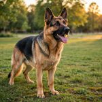 German Shepherd dog standing alert on a grassy lawn with upright ears