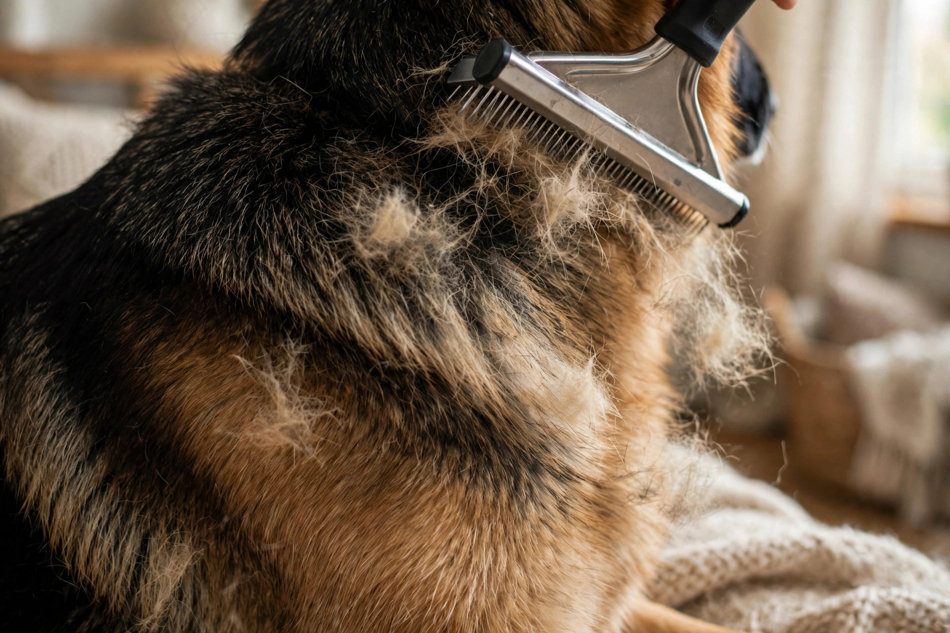 German Shepherd's thick double coat being brushed with an undercoat rake
