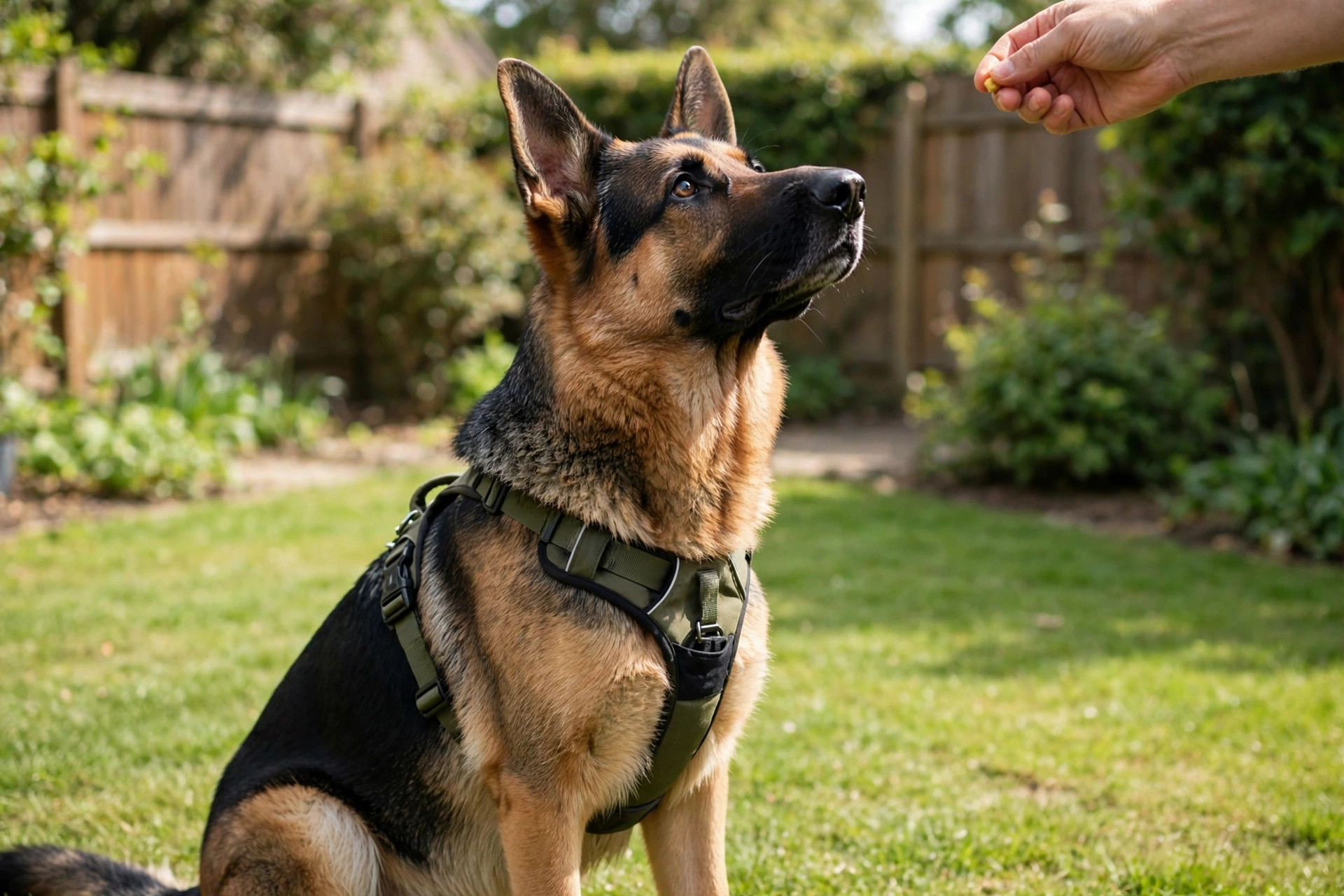 German Shepherd doing obedience training with its owner in a backyard
