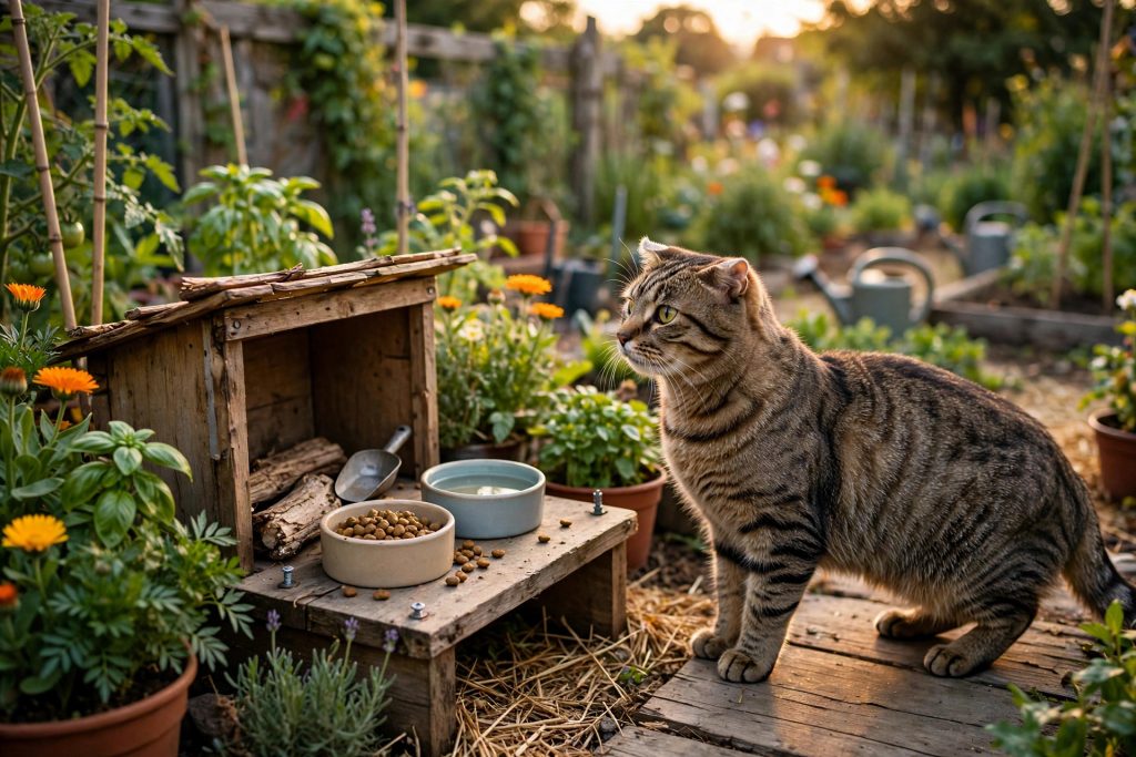 Tabby community cat with ear-tipped left ear beside an outdoor feeding station on Global Cat Day