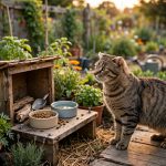 Tabby community cat with ear-tipped left ear beside an outdoor feeding station on Global Cat Day