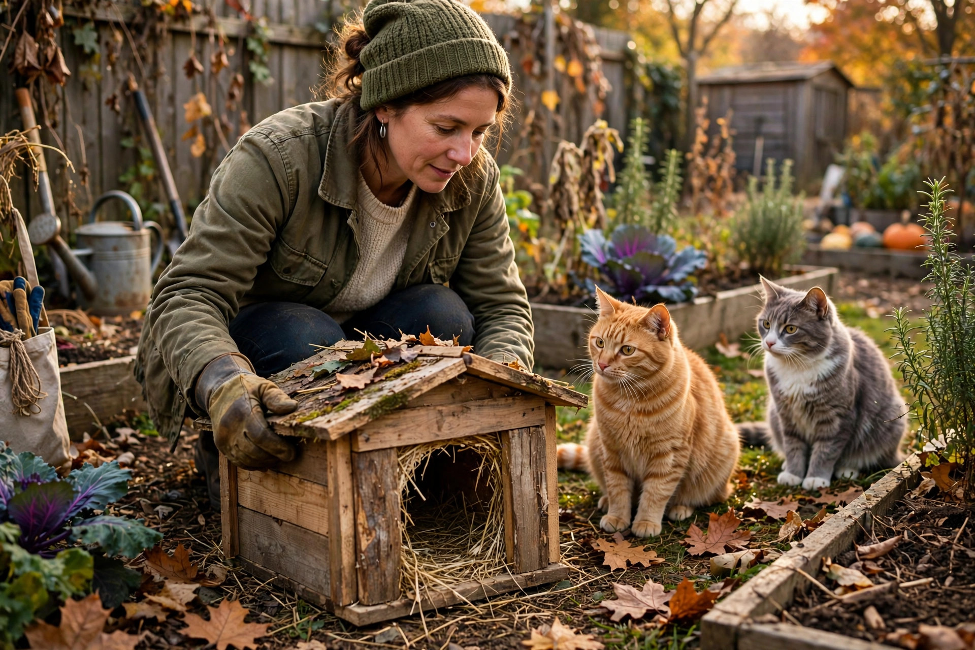 Volunteer placing an insulated winter shelter for community cats in a garden on Global Cat Day