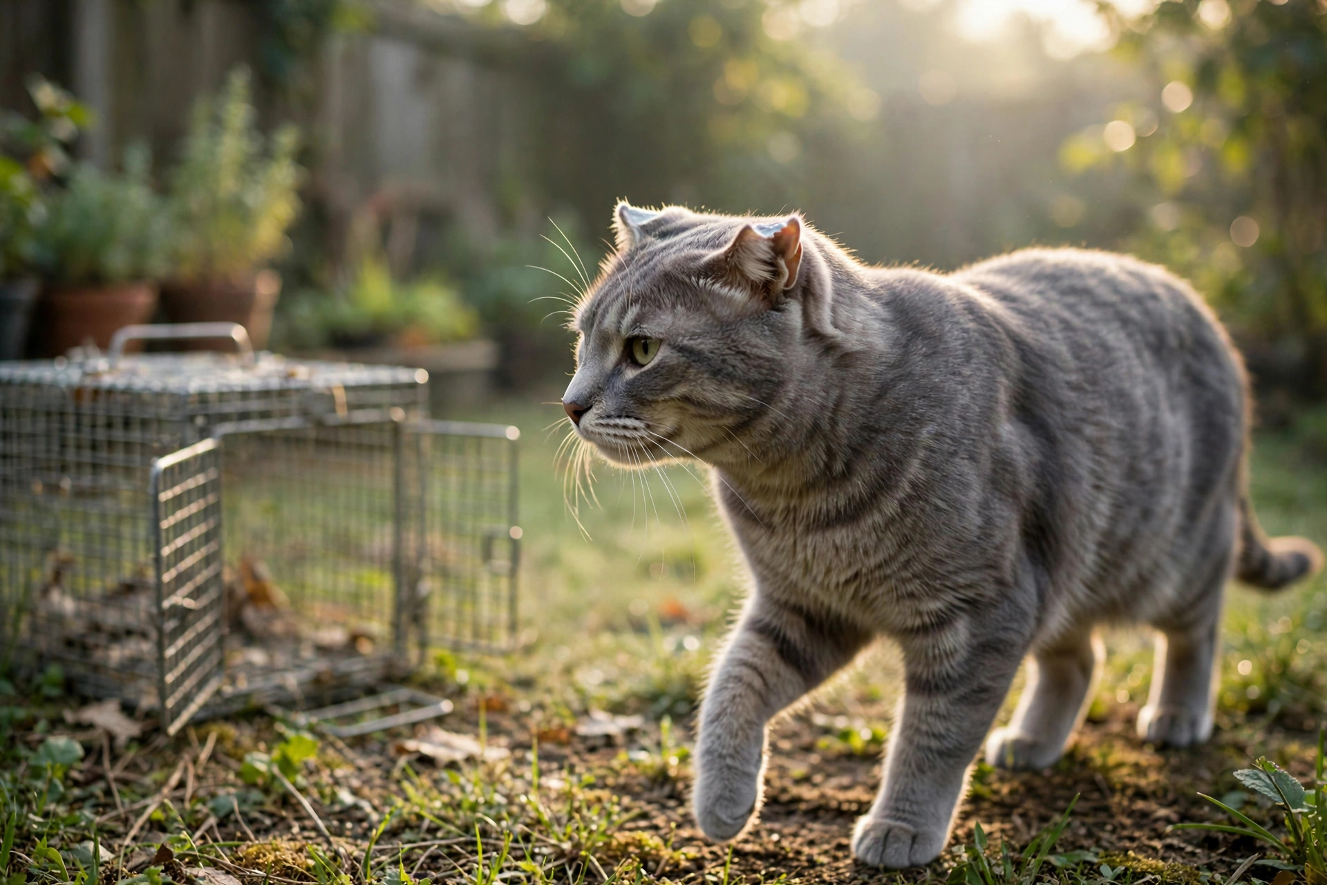 Gray community cat with tipped left ear walking past a humane trap used in TNR (Trap-Neuter-Return) programs