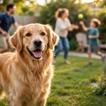 Happy golden retriever playing fetch in a sunny backyard