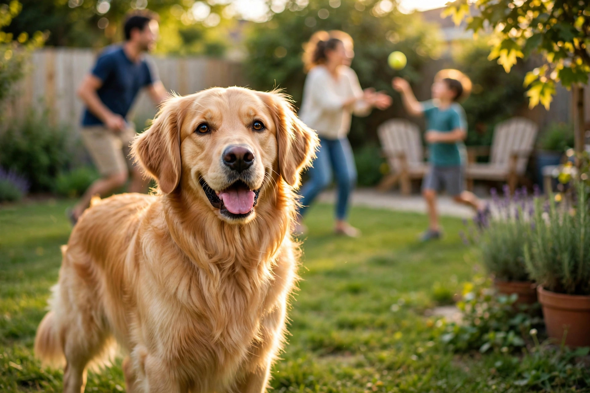 Happy golden retriever playing fetch in a sunny backyard