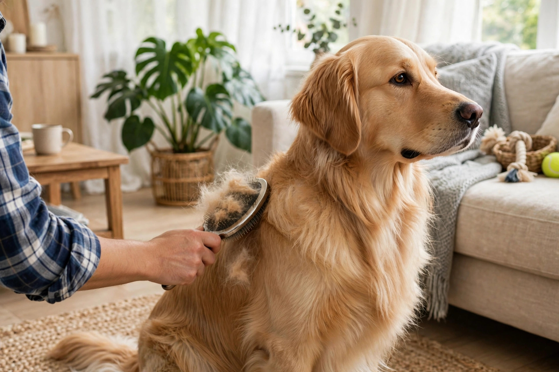 Person brushing a golden retriever's long golden double coat to manage shedding