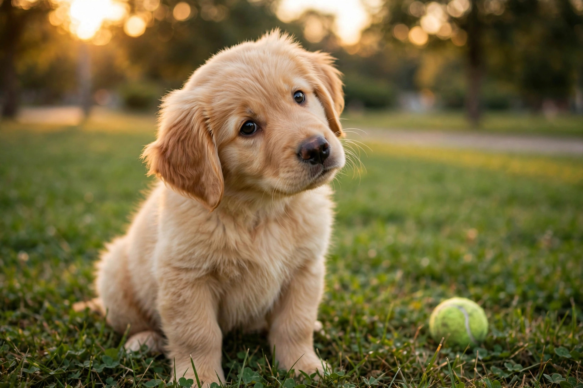 Fluffy golden retriever puppy sitting in a park at golden hour