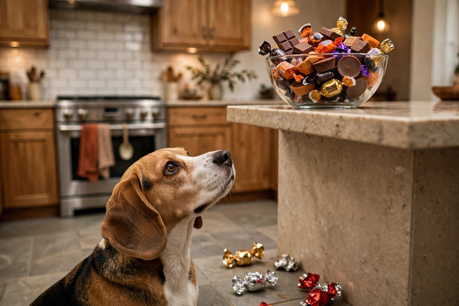 Beagle dog looking up at a Halloween candy bowl kept high on a kitchen counter out of pets' reach