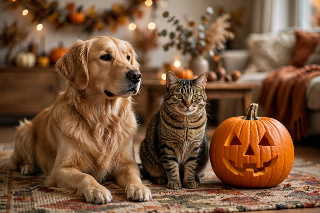 Golden retriever and tabby cat sitting calmly beside a jack-o'-lantern on Halloween