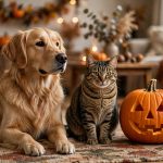 Golden retriever and tabby cat sitting calmly beside a jack-o'-lantern on Halloween