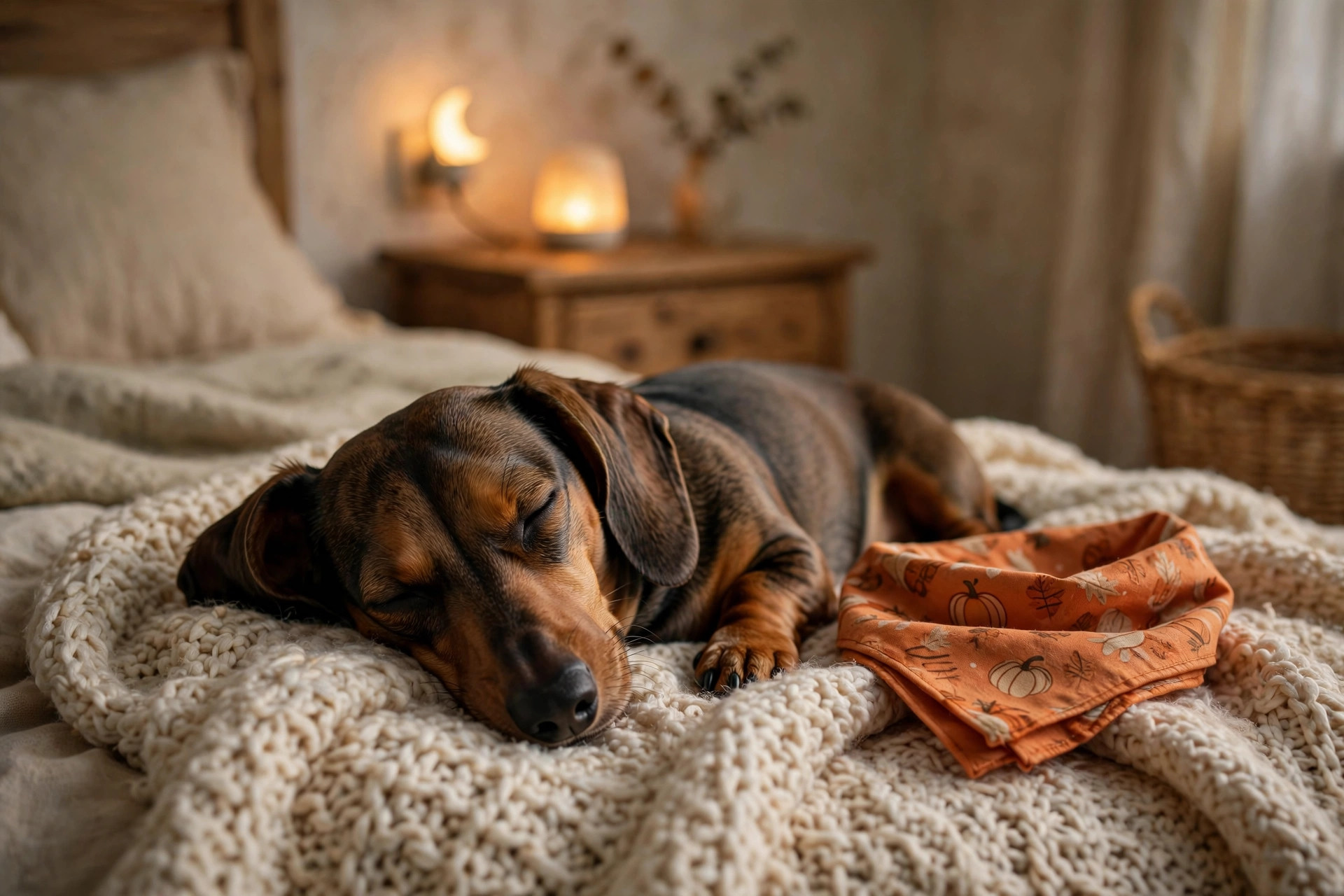 Relaxed dog resting on a cozy blanket in a quiet back bedroom during Halloween night with a festive bandana nearby