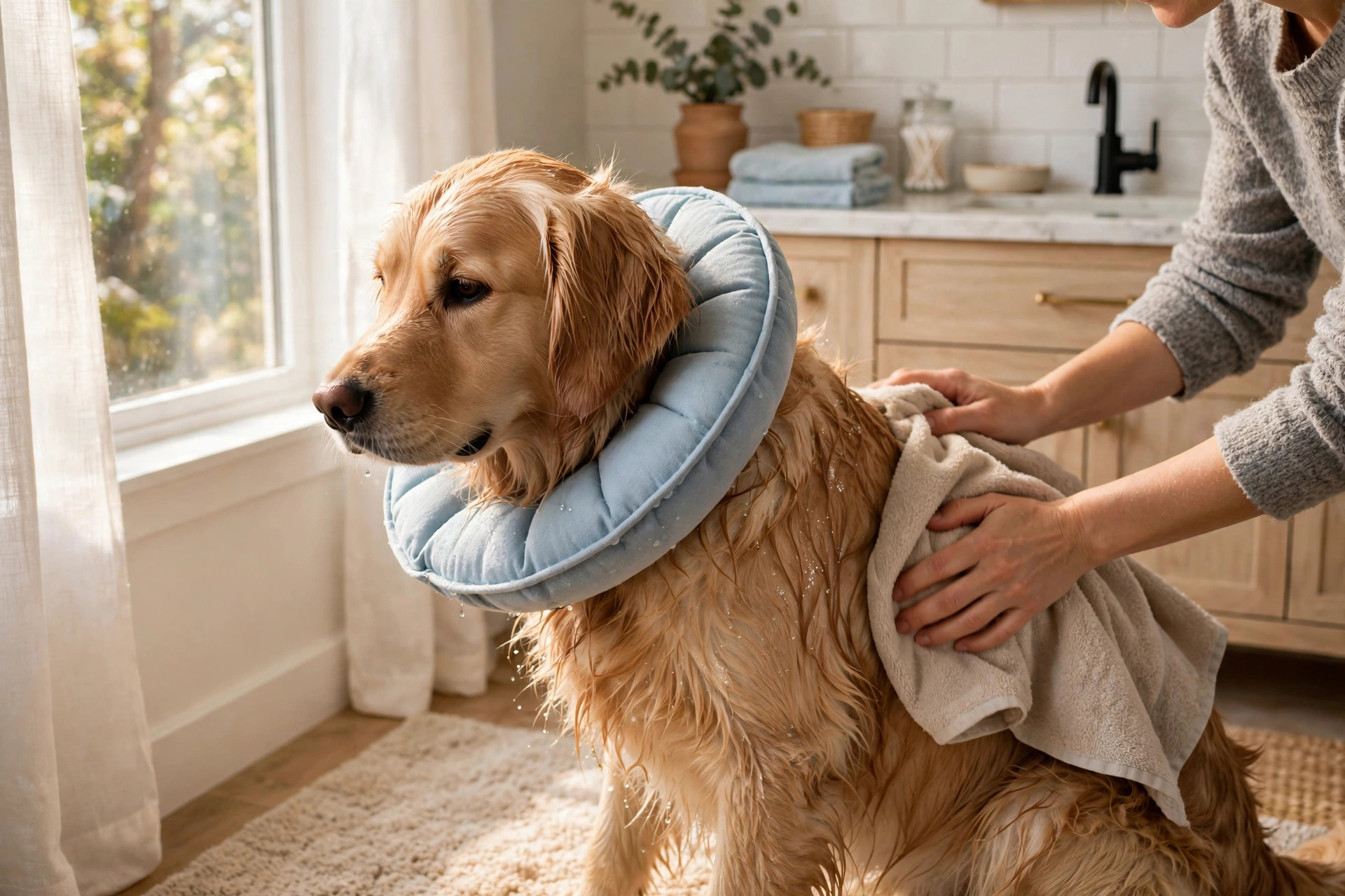 Golden retriever wearing a soft blue recovery cone while its owner towel-dries its coat after a bath