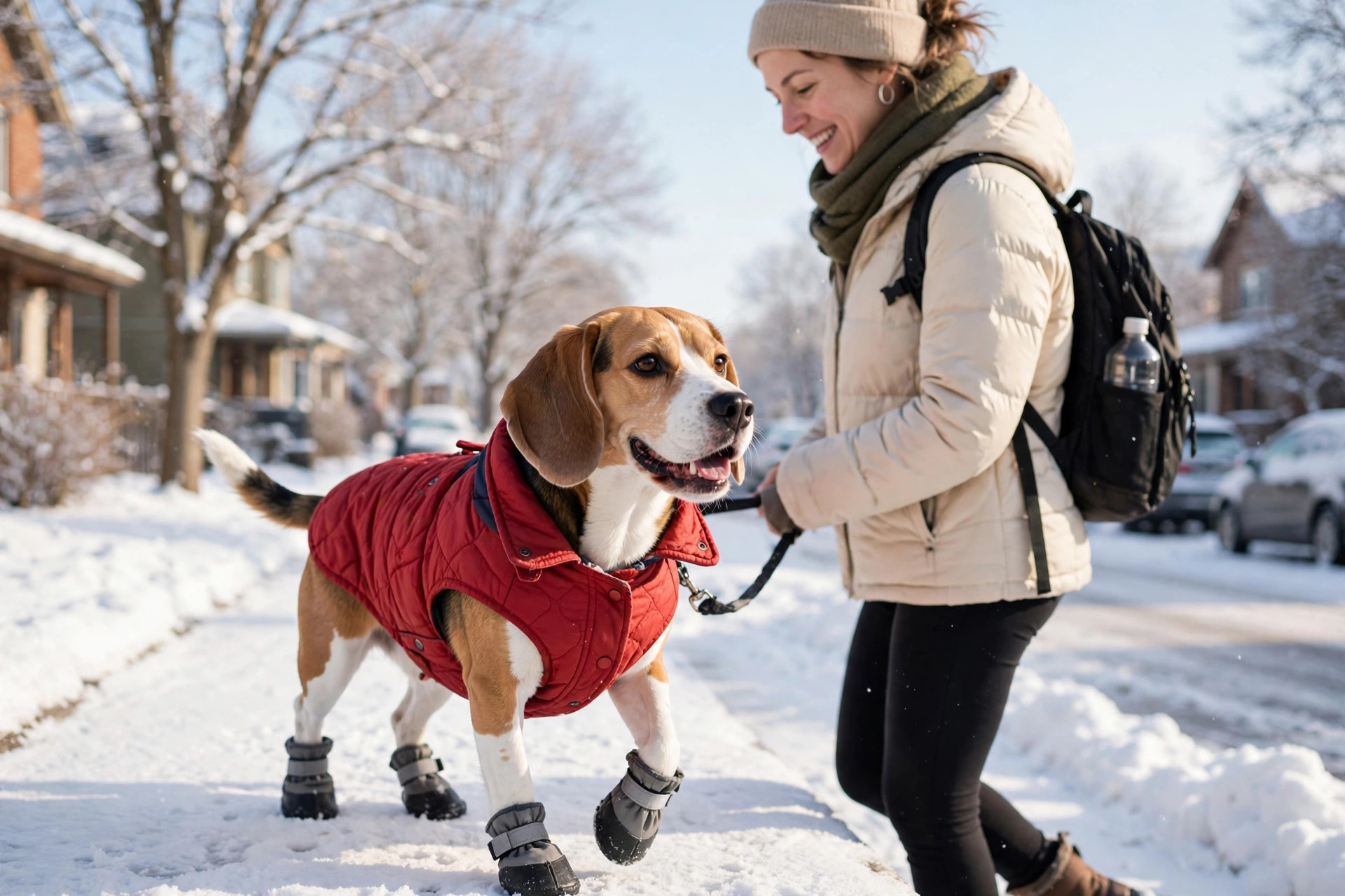 Beagle wearing a red winter coat and protective booties walking on a snowy sidewalk with its owner