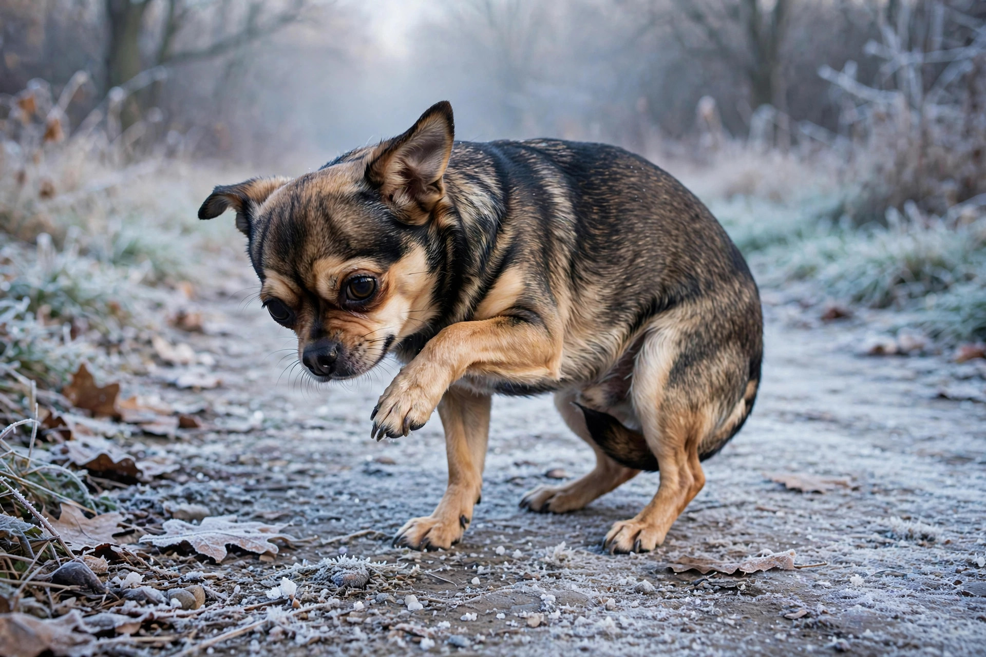 Small chihuahua lifting a paw on a frosty winter path, showing signs of feeling too cold outdoors