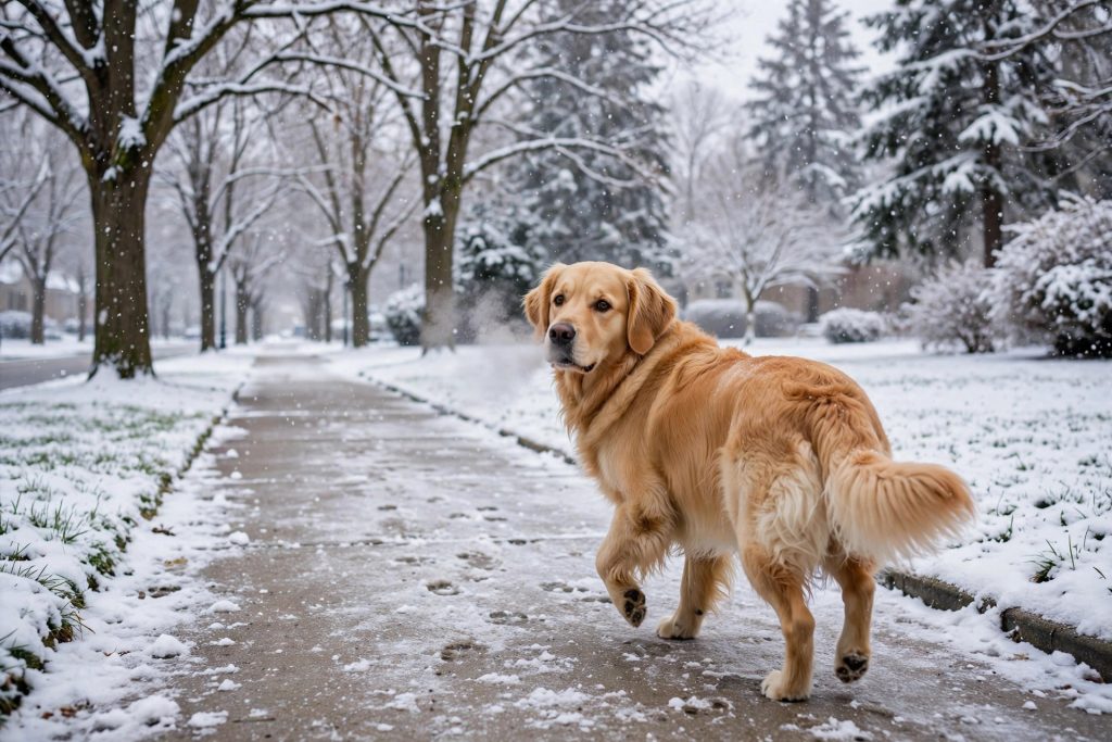 Golden retriever walking through light snow on a winter sidewalk
