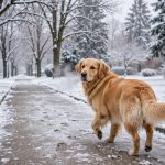 Golden retriever walking through light snow on a winter sidewalk