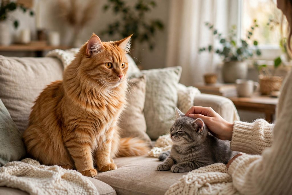 Jealous orange tabby cat watching its owner pet another cat on a sofa
